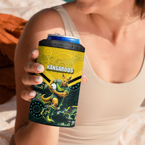 Personalised Kangaroos Rugby 4 in 1 Can Cooler Tumbler Aboriginal Pattern Australia Colors Tribal Sports