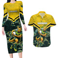 Personalised Kangaroos Rugby Couples Matching Long Sleeve Bodycon Dress and Hawaiian Shirt Aboriginal Pattern Australia Colors Tribal Sports