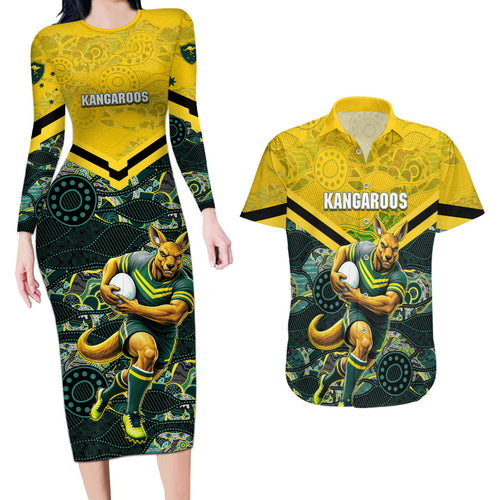 Personalised Kangaroos Rugby Couples Matching Long Sleeve Bodycon Dress and Hawaiian Shirt Aboriginal Pattern Australia Colors Tribal Sports
