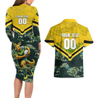Personalised Kangaroos Rugby Couples Matching Long Sleeve Bodycon Dress and Hawaiian Shirt Aboriginal Pattern Australia Colors Tribal Sports
