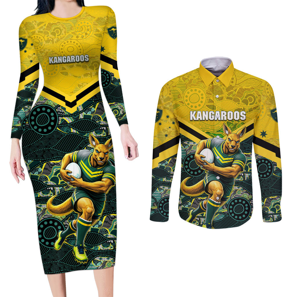 Personalised Kangaroos Rugby Couples Matching Long Sleeve Bodycon Dress and Long Sleeve Button Shirt Aboriginal Pattern Australia Colors Tribal Sports