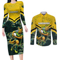 Personalised Kangaroos Rugby Couples Matching Long Sleeve Bodycon Dress and Long Sleeve Button Shirt Aboriginal Pattern Australia Colors Tribal Sports