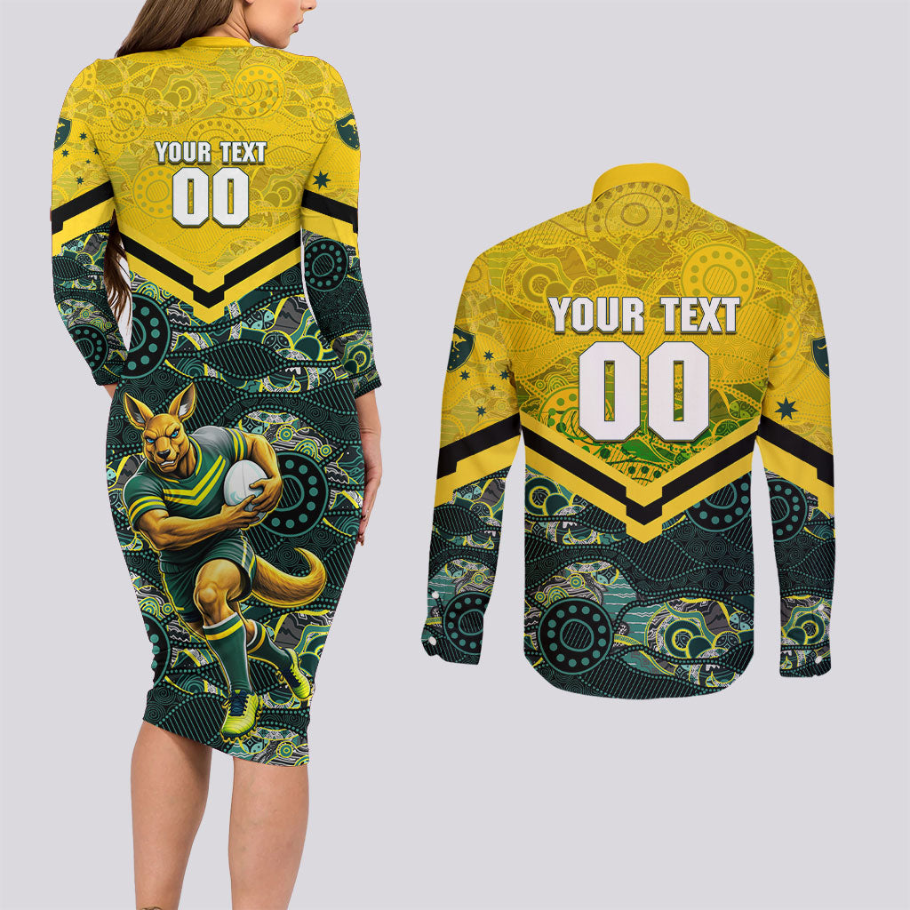 Personalised Kangaroos Rugby Couples Matching Long Sleeve Bodycon Dress and Long Sleeve Button Shirt Aboriginal Pattern Australia Colors Tribal Sports