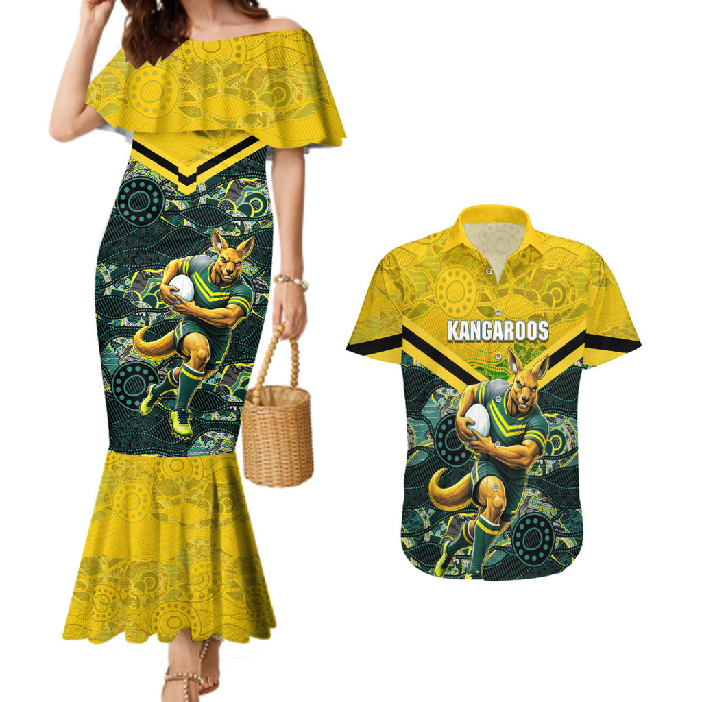 Personalised Kangaroos Rugby Couples Matching Mermaid Dress and Hawaiian Shirt Aboriginal Pattern Australia Colors Tribal Sports