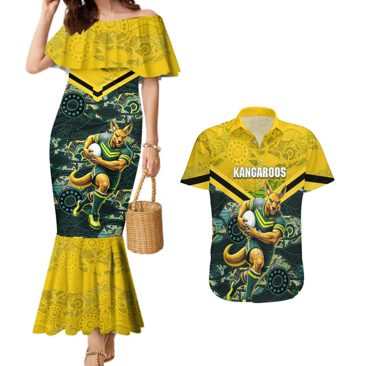 Personalised Kangaroos Rugby Couples Matching Mermaid Dress and Hawaiian Shirt Aboriginal Pattern Australia Colors Tribal Sports