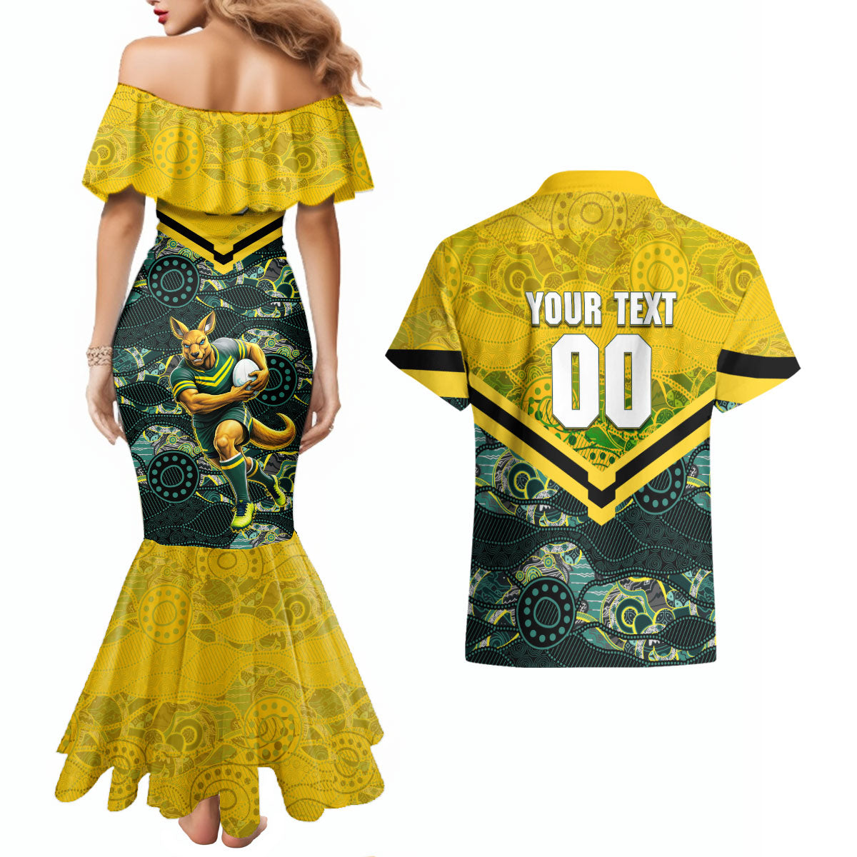 Personalised Kangaroos Rugby Couples Matching Mermaid Dress and Hawaiian Shirt Aboriginal Pattern Australia Colors Tribal Sports