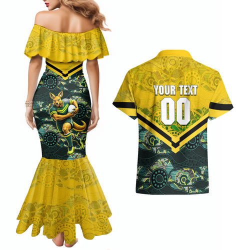 Personalised Kangaroos Rugby Couples Matching Mermaid Dress and Hawaiian Shirt Aboriginal Pattern Australia Colors Tribal Sports