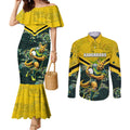 Personalised Kangaroos Rugby Couples Matching Mermaid Dress and Long Sleeve Button Shirt Aboriginal Pattern Australia Colors Tribal Sports