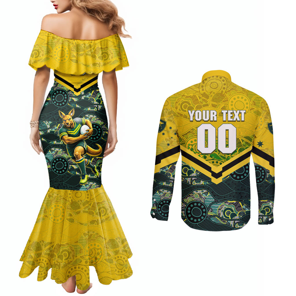 Personalised Kangaroos Rugby Couples Matching Mermaid Dress and Long Sleeve Button Shirt Aboriginal Pattern Australia Colors Tribal Sports