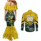 Personalised Kangaroos Rugby Couples Matching Mermaid Dress and Long Sleeve Button Shirt Aboriginal Pattern Australia Colors Tribal Sports