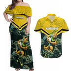 Personalised Kangaroos Rugby Couples Matching Off Shoulder Maxi Dress and Hawaiian Shirt Aboriginal Pattern Australia Colors Tribal Sports