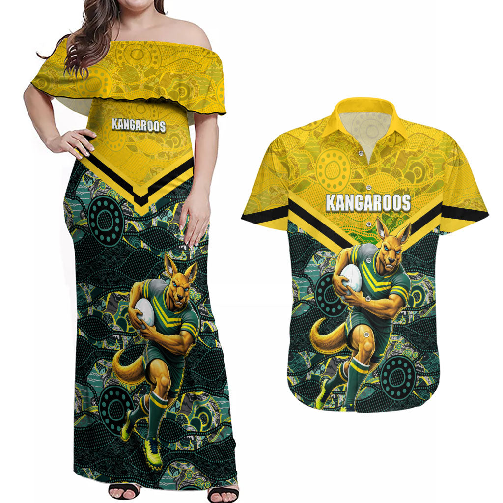 Personalised Kangaroos Rugby Couples Matching Off Shoulder Maxi Dress and Hawaiian Shirt Aboriginal Pattern Australia Colors Tribal Sports