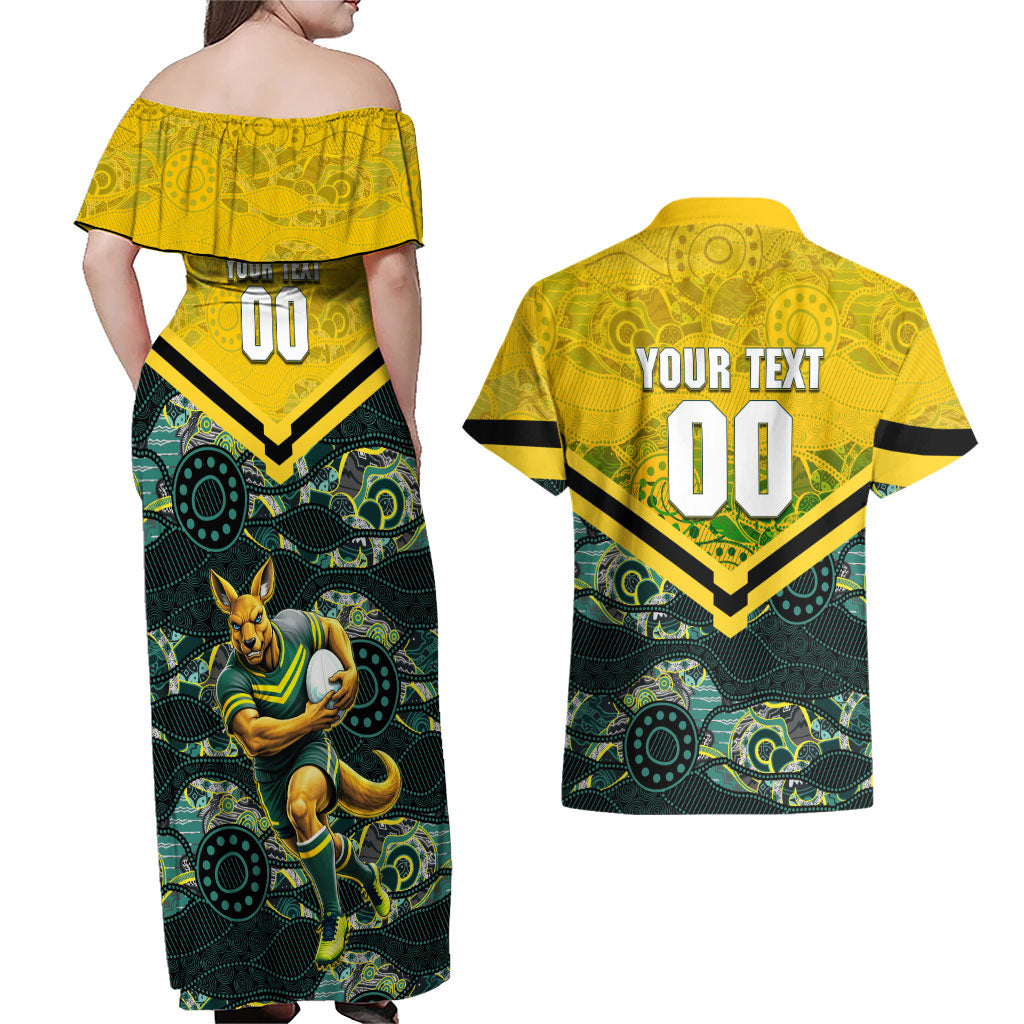 Personalised Kangaroos Rugby Couples Matching Off Shoulder Maxi Dress and Hawaiian Shirt Aboriginal Pattern Australia Colors Tribal Sports