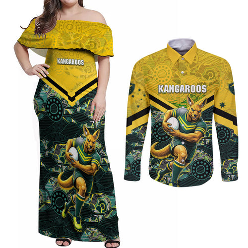 Personalised Kangaroos Rugby Couples Matching Off Shoulder Maxi Dress and Long Sleeve Button Shirt Aboriginal Pattern Australia Colors Tribal Sports