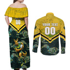 Personalised Kangaroos Rugby Couples Matching Off Shoulder Maxi Dress and Long Sleeve Button Shirt Aboriginal Pattern Australia Colors Tribal Sports