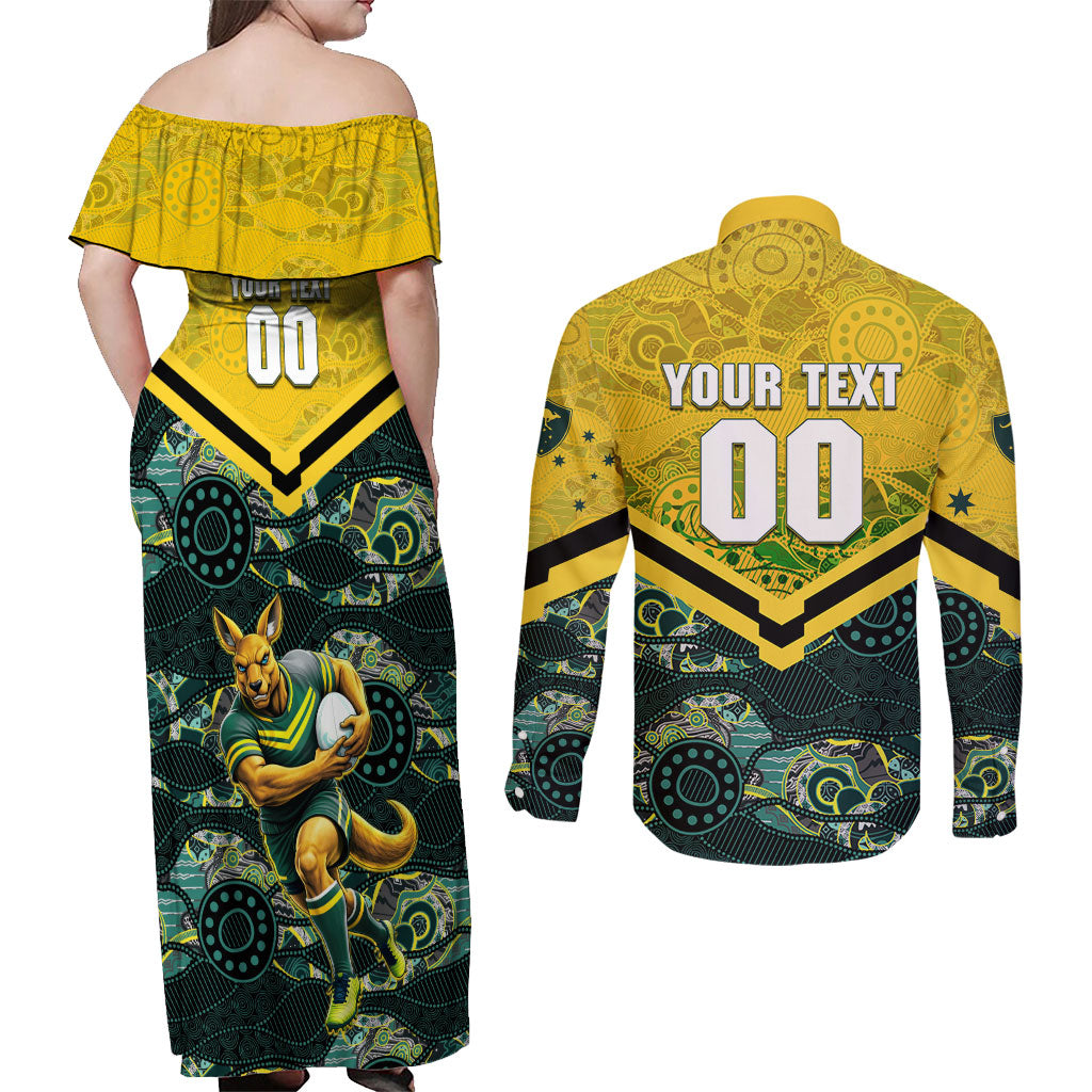 Personalised Kangaroos Rugby Couples Matching Off Shoulder Maxi Dress and Long Sleeve Button Shirt Aboriginal Pattern Australia Colors Tribal Sports
