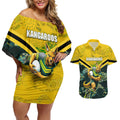 Personalised Kangaroos Rugby Couples Matching Off Shoulder Short Dress and Hawaiian Shirt Aboriginal Pattern Australia Colors Tribal Sports