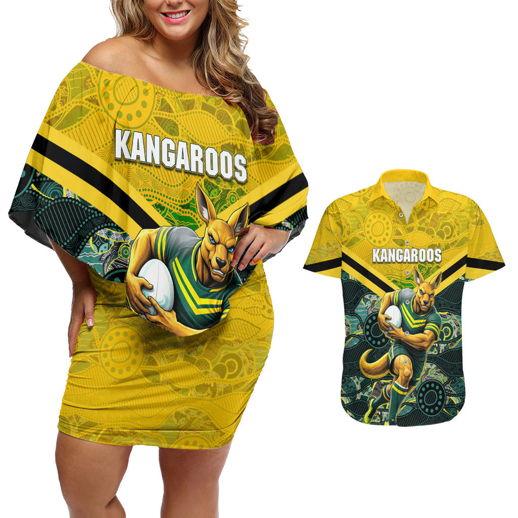 Personalised Kangaroos Rugby Couples Matching Off Shoulder Short Dress and Hawaiian Shirt Aboriginal Pattern Australia Colors Tribal Sports