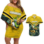 Personalised Kangaroos Rugby Couples Matching Off Shoulder Short Dress and Hawaiian Shirt Aboriginal Pattern Australia Colors Tribal Sports