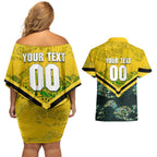 Personalised Kangaroos Rugby Couples Matching Off Shoulder Short Dress and Hawaiian Shirt Aboriginal Pattern Australia Colors Tribal Sports