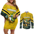 Personalised Kangaroos Rugby Couples Matching Off Shoulder Short Dress and Long Sleeve Button Shirt Aboriginal Pattern Australia Colors Tribal Sports