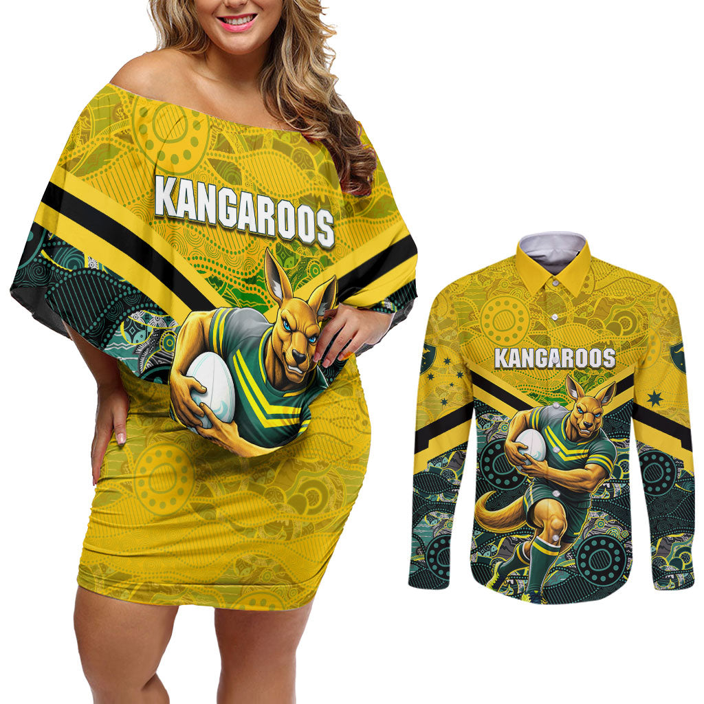 Personalised Kangaroos Rugby Couples Matching Off Shoulder Short Dress and Long Sleeve Button Shirt Aboriginal Pattern Australia Colors Tribal Sports