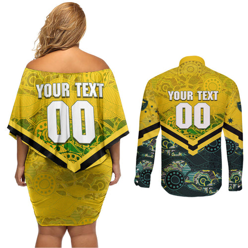 Personalised Kangaroos Rugby Couples Matching Off Shoulder Short Dress and Long Sleeve Button Shirt Aboriginal Pattern Australia Colors Tribal Sports