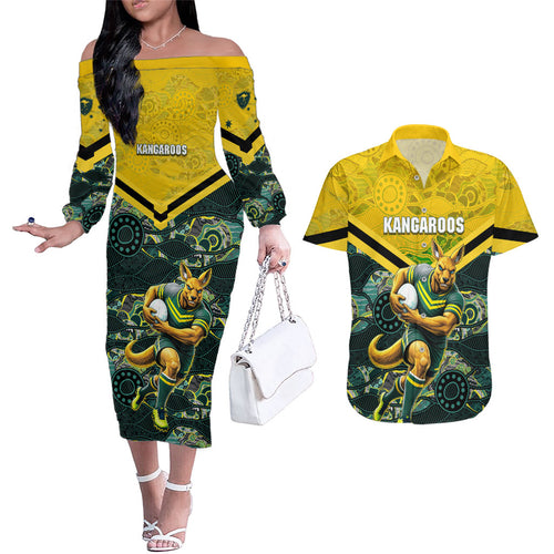 Personalised Kangaroos Rugby Couples Matching Off The Shoulder Long Sleeve Dress and Hawaiian Shirt Aboriginal Pattern Australia Colors Tribal Sports