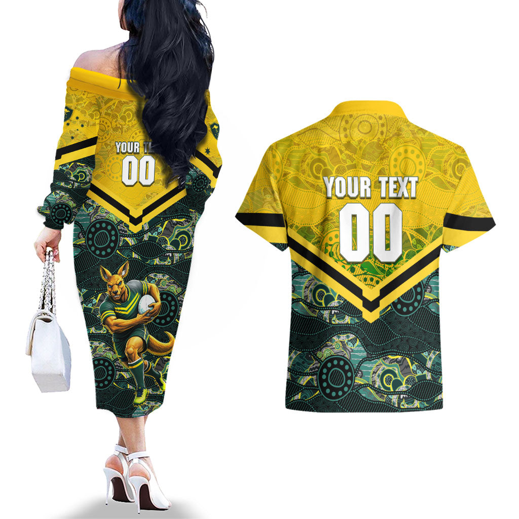 Personalised Kangaroos Rugby Couples Matching Off The Shoulder Long Sleeve Dress and Hawaiian Shirt Aboriginal Pattern Australia Colors Tribal Sports