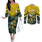 Personalised Kangaroos Rugby Couples Matching Off The Shoulder Long Sleeve Dress and Long Sleeve Button Shirt Aboriginal Pattern Australia Colors Tribal Sports