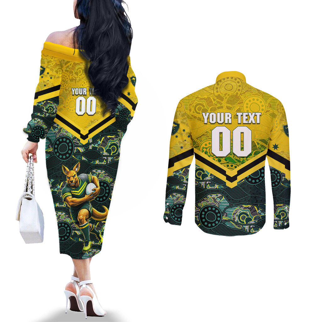 Personalised Kangaroos Rugby Couples Matching Off The Shoulder Long Sleeve Dress and Long Sleeve Button Shirt Aboriginal Pattern Australia Colors Tribal Sports