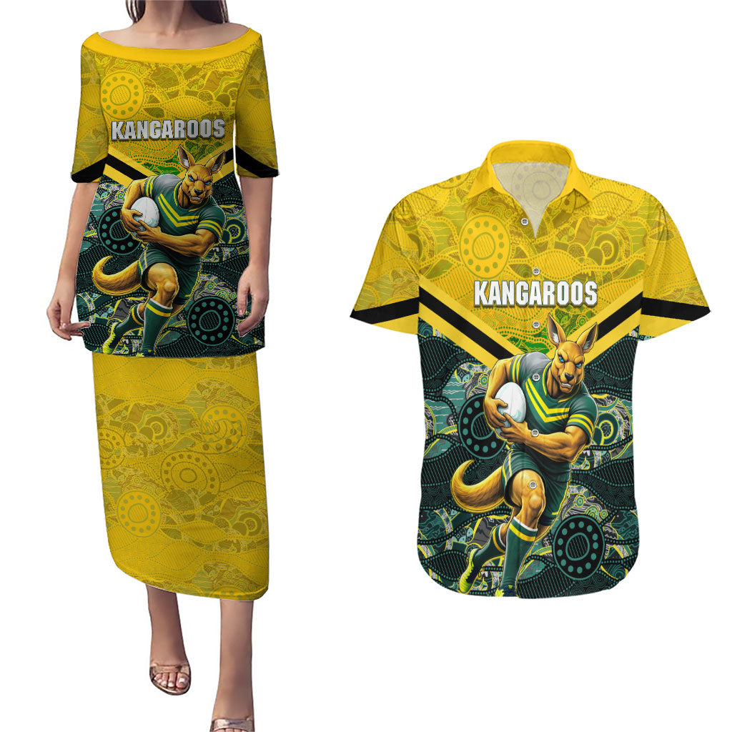Personalised Kangaroos Rugby Couples Matching Puletasi and Hawaiian Shirt Aboriginal Pattern Australia Colors Tribal Sports