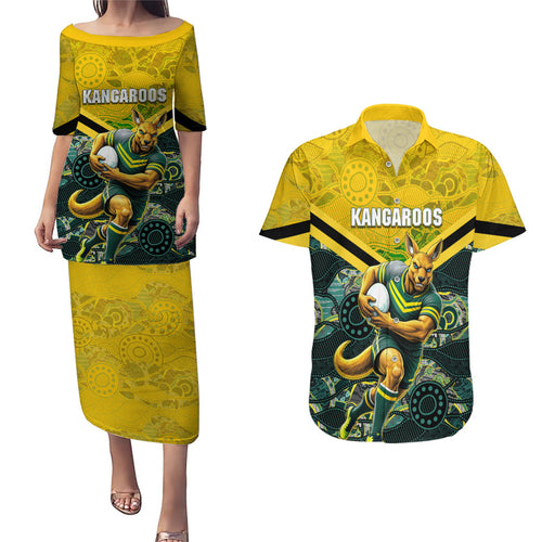 Personalised Kangaroos Rugby Couples Matching Puletasi and Hawaiian Shirt Aboriginal Pattern Australia Colors Tribal Sports