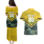 Personalised Kangaroos Rugby Couples Matching Puletasi and Hawaiian Shirt Aboriginal Pattern Australia Colors Tribal Sports