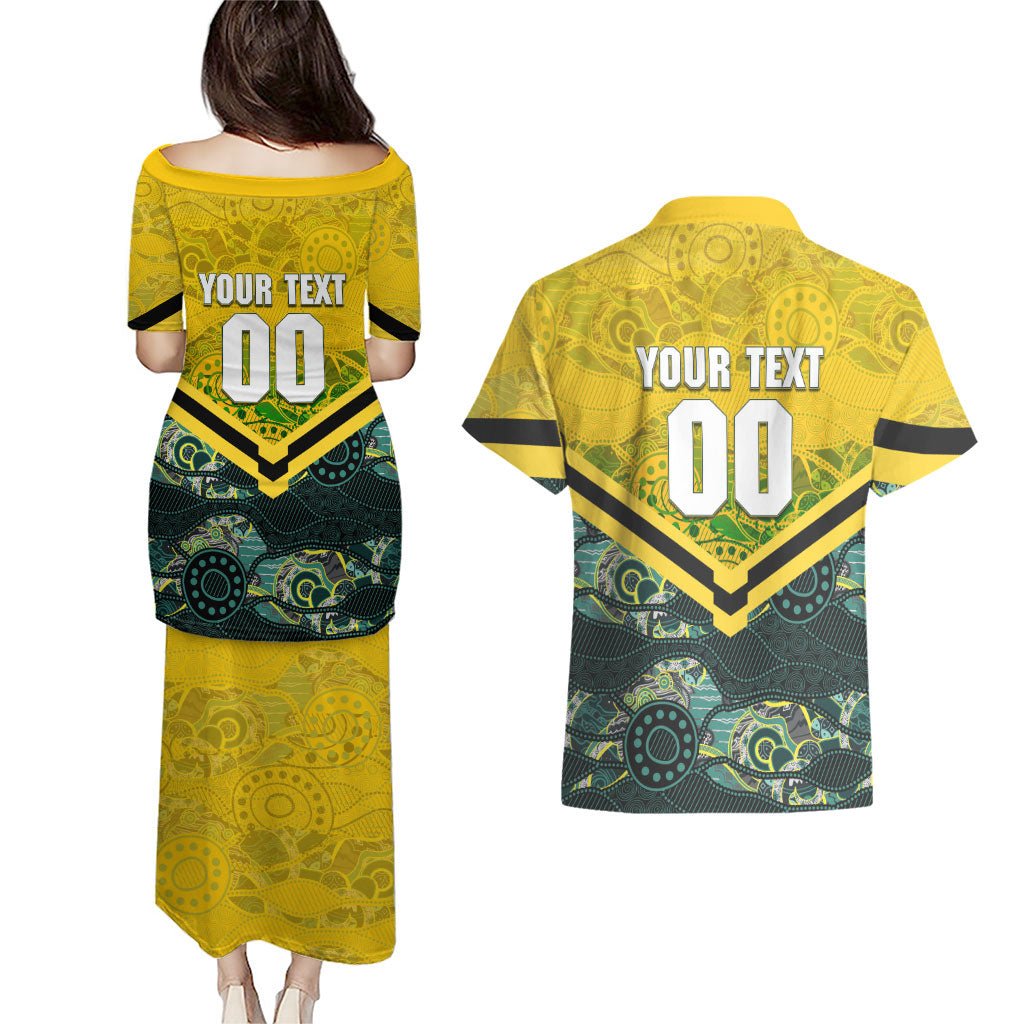 Personalised Kangaroos Rugby Couples Matching Puletasi and Hawaiian Shirt Aboriginal Pattern Australia Colors Tribal Sports