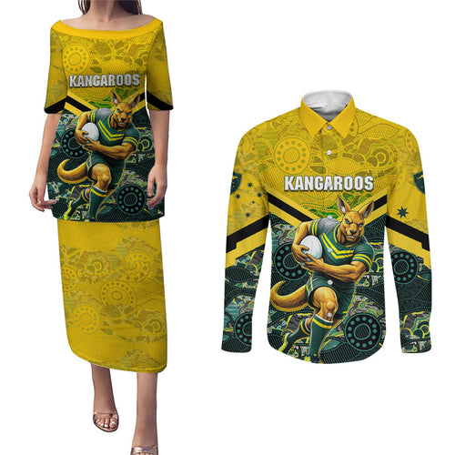Personalised Kangaroos Rugby Couples Matching Puletasi and Long Sleeve Button Shirt Aboriginal Pattern Australia Colors Tribal Sports