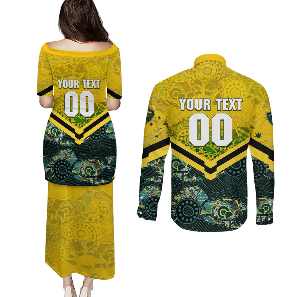 Personalised Kangaroos Rugby Couples Matching Puletasi and Long Sleeve Button Shirt Aboriginal Pattern Australia Colors Tribal Sports