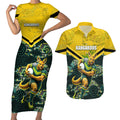 Personalised Kangaroos Rugby Couples Matching Short Sleeve Bodycon Dress and Hawaiian Shirt Aboriginal Pattern Australia Colors Tribal Sports