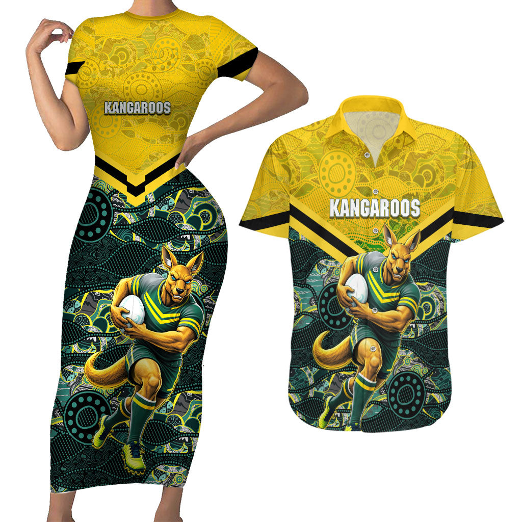 Personalised Kangaroos Rugby Couples Matching Short Sleeve Bodycon Dress and Hawaiian Shirt Aboriginal Pattern Australia Colors Tribal Sports