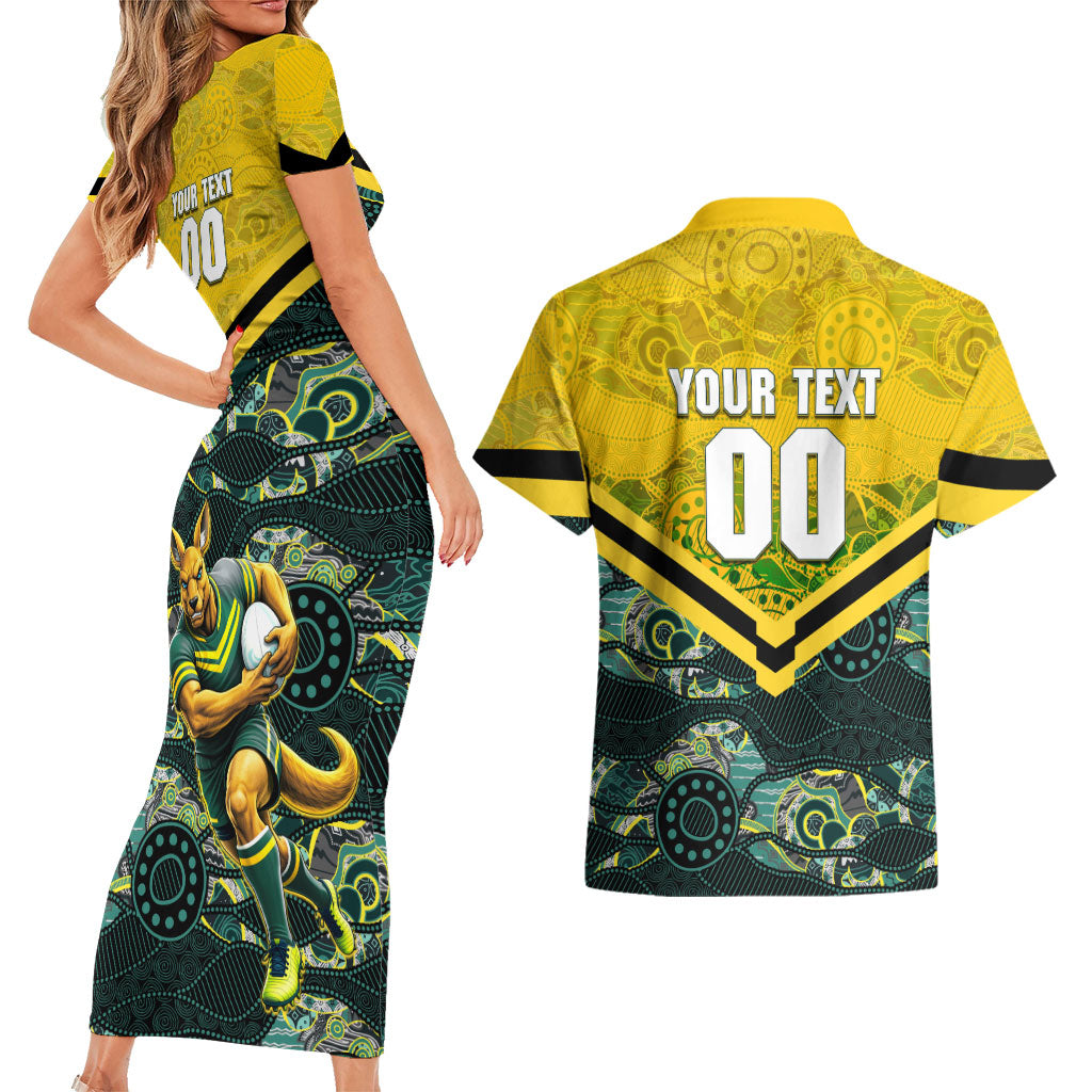 Personalised Kangaroos Rugby Couples Matching Short Sleeve Bodycon Dress and Hawaiian Shirt Aboriginal Pattern Australia Colors Tribal Sports
