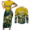 Personalised Kangaroos Rugby Couples Matching Short Sleeve Bodycon Dress and Long Sleeve Button Shirt Aboriginal Pattern Australia Colors Tribal Sports