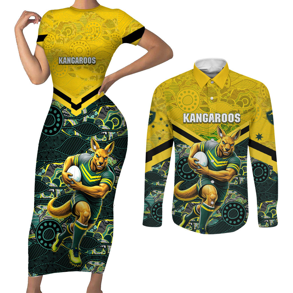 Personalised Kangaroos Rugby Couples Matching Short Sleeve Bodycon Dress and Long Sleeve Button Shirt Aboriginal Pattern Australia Colors Tribal Sports