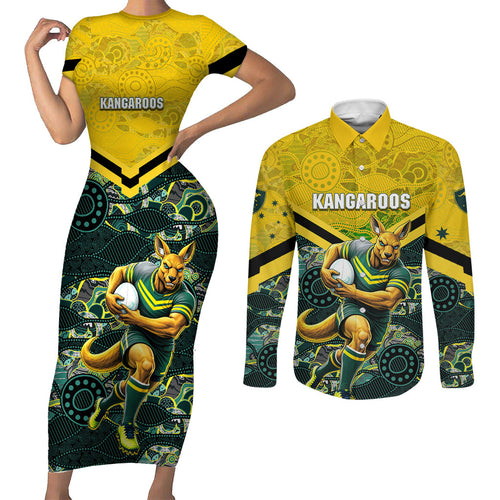 Personalised Kangaroos Rugby Couples Matching Short Sleeve Bodycon Dress and Long Sleeve Button Shirt Aboriginal Pattern Australia Colors Tribal Sports