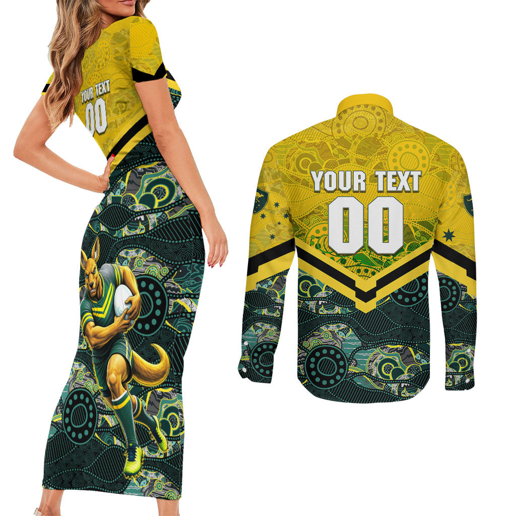 Personalised Kangaroos Rugby Couples Matching Short Sleeve Bodycon Dress and Long Sleeve Button Shirt Aboriginal Pattern Australia Colors Tribal Sports