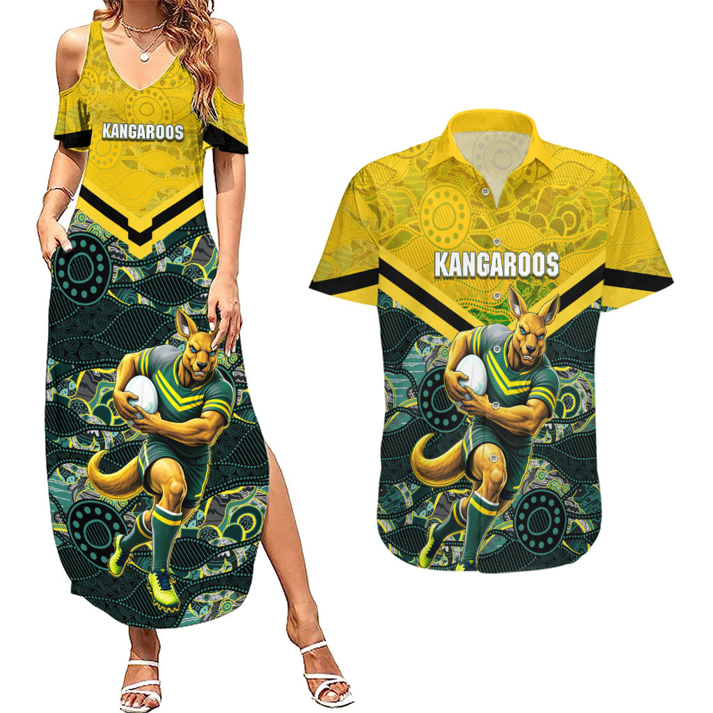 Personalised Kangaroos Rugby Couples Matching Summer Maxi Dress and Hawaiian Shirt Aboriginal Pattern Australia Colors Tribal Sports