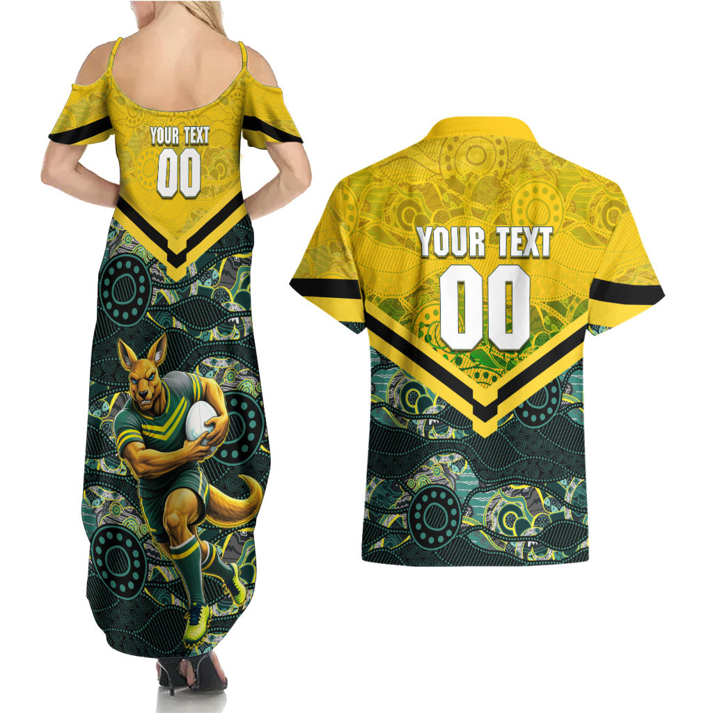 Personalised Kangaroos Rugby Couples Matching Summer Maxi Dress and Hawaiian Shirt Aboriginal Pattern Australia Colors Tribal Sports
