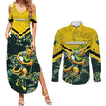 Personalised Kangaroos Rugby Couples Matching Summer Maxi Dress and Long Sleeve Button Shirt Aboriginal Pattern Australia Colors Tribal Sports