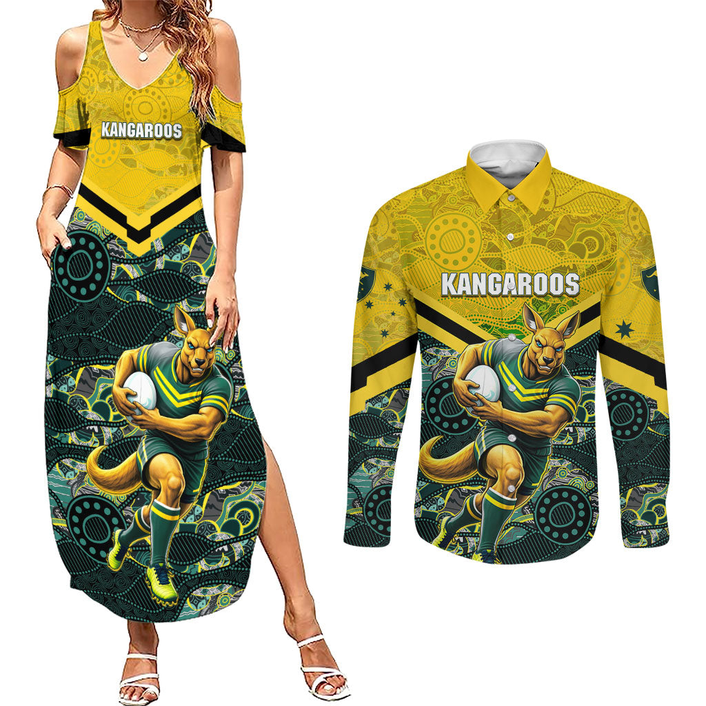 Personalised Kangaroos Rugby Couples Matching Summer Maxi Dress and Long Sleeve Button Shirt Aboriginal Pattern Australia Colors Tribal Sports
