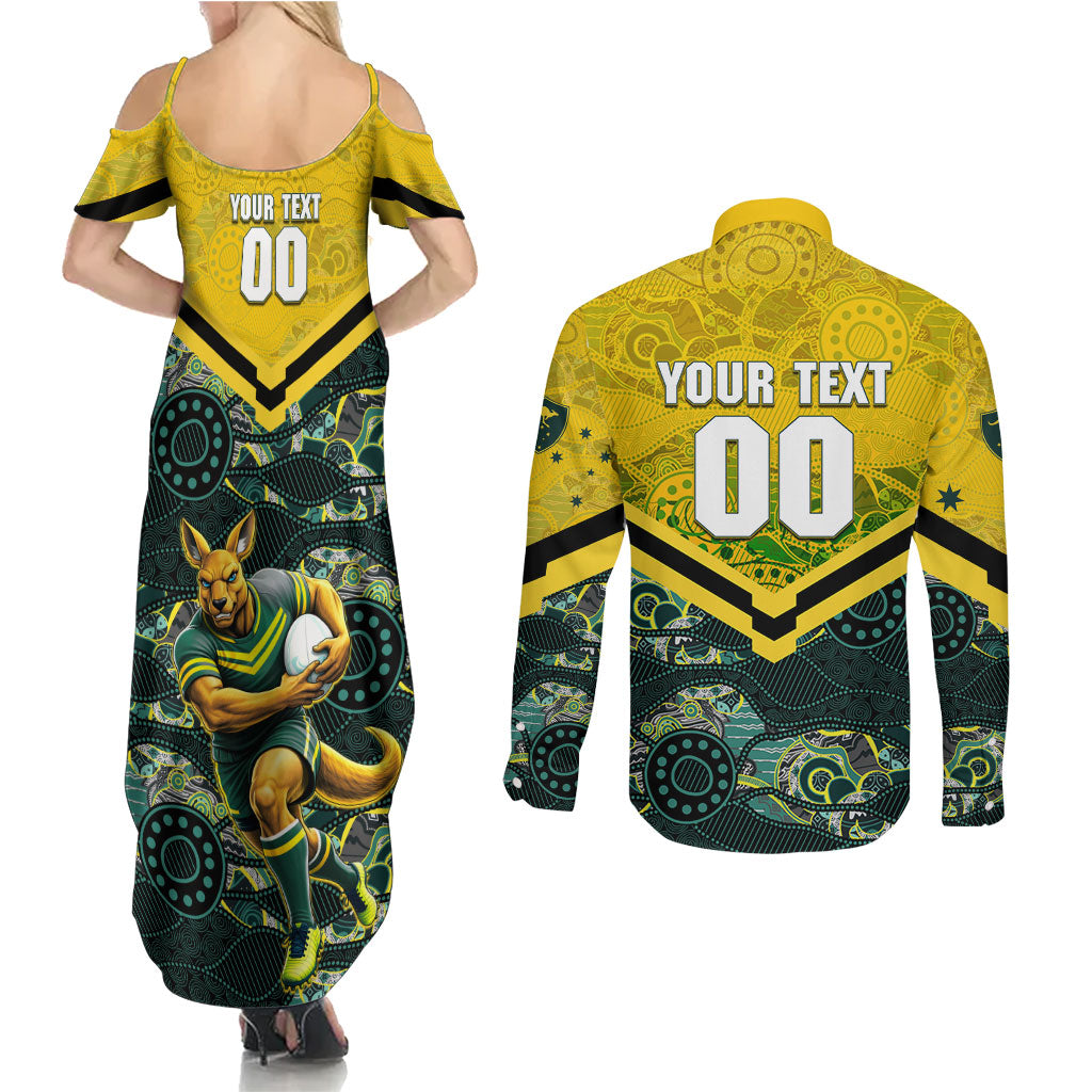 Personalised Kangaroos Rugby Couples Matching Summer Maxi Dress and Long Sleeve Button Shirt Aboriginal Pattern Australia Colors Tribal Sports