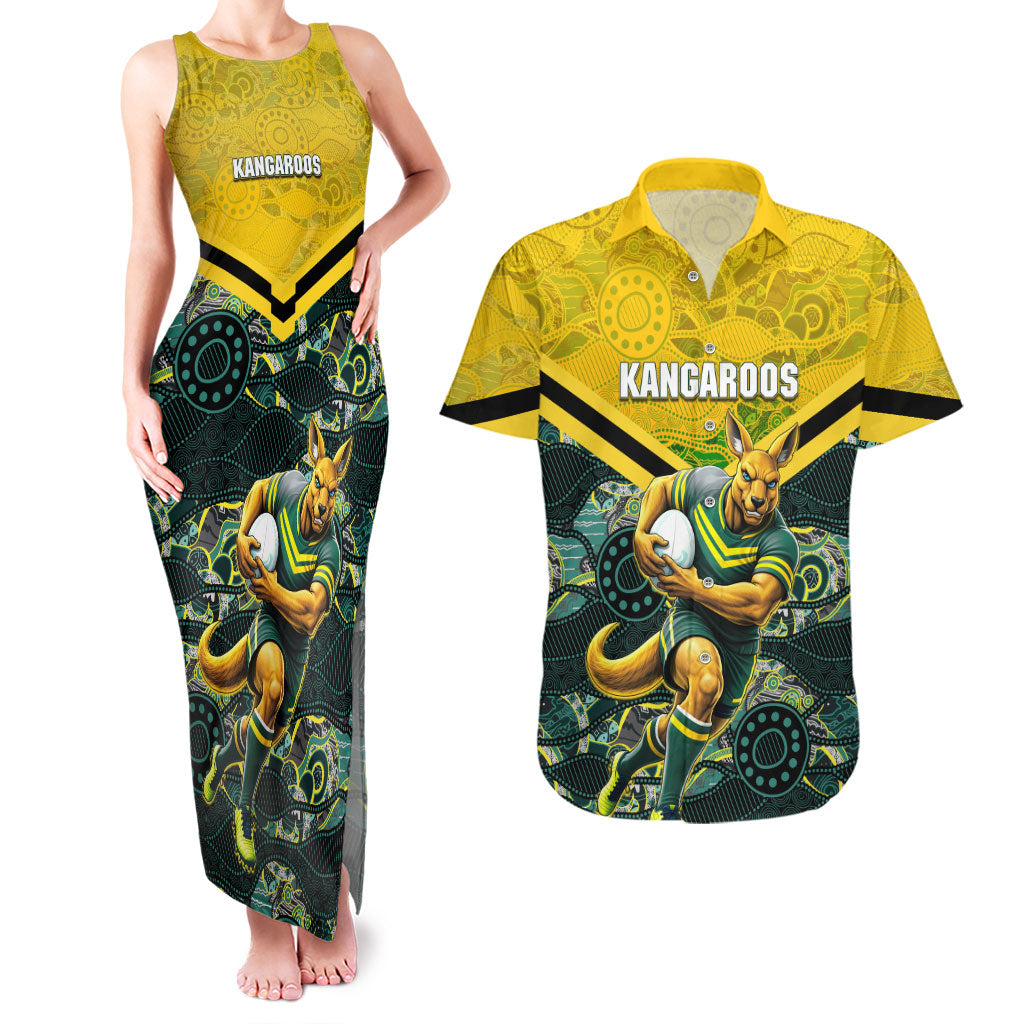 Personalised Kangaroos Rugby Couples Matching Tank Maxi Dress and Hawaiian Shirt Aboriginal Pattern Australia Colors Tribal Sports